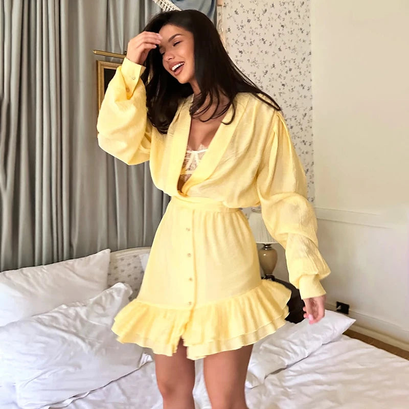 Glorol - Deep V Neck Loose Lantern Sleeve Irregular Mini Dress