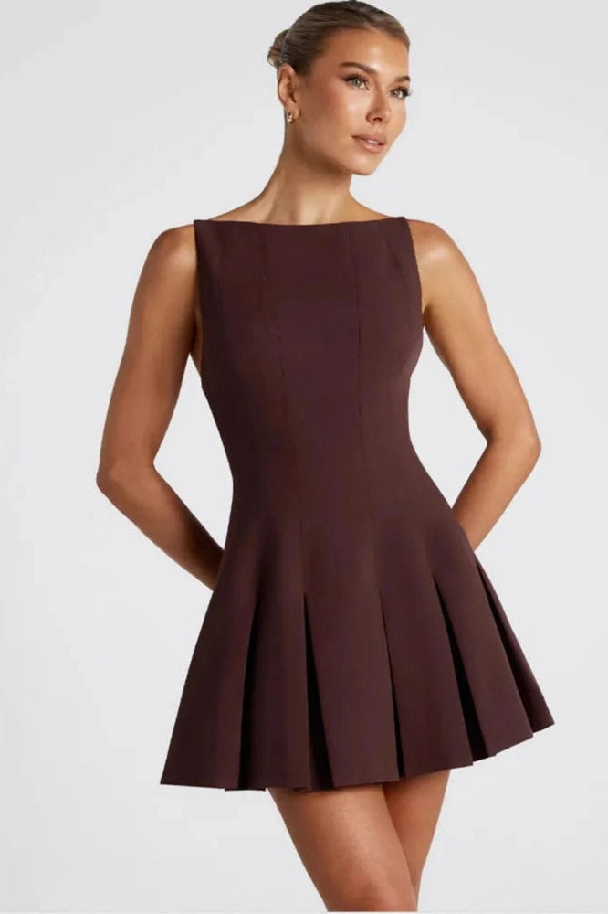 Glorol - Backless High Waist A-line Spaghetti Strap Sleeveless Pleated Mini Dress
