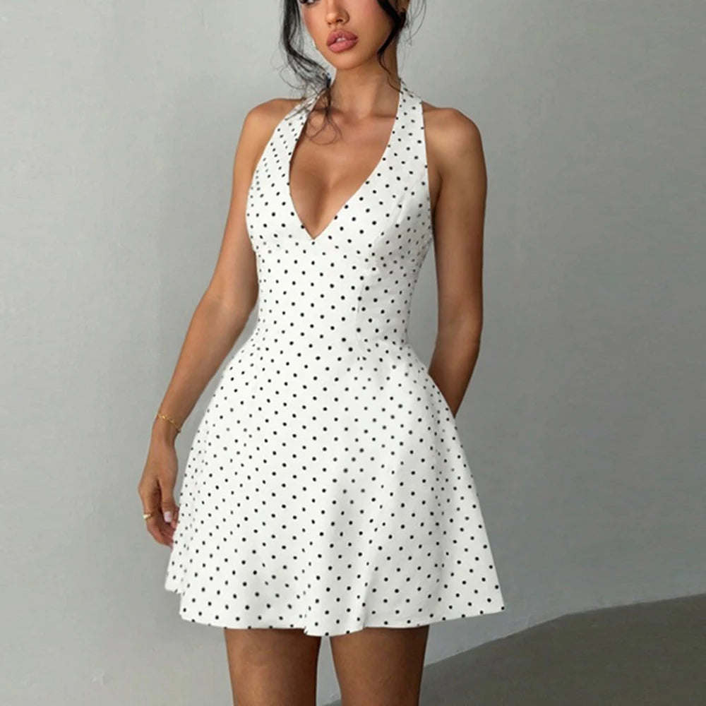 Glorol - Deep V-Neck Lace-Up Backless Slim Mini Dress