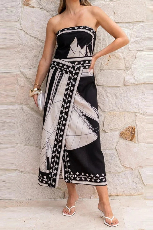 Glorol - Sleeveless Printed Off-Shoulder Irregular Midi Dress