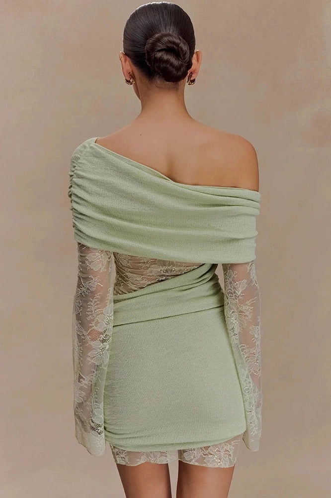 Glorol - One Shoulder Backless Lace Long Sleeve See Through High Waist Mini Dress