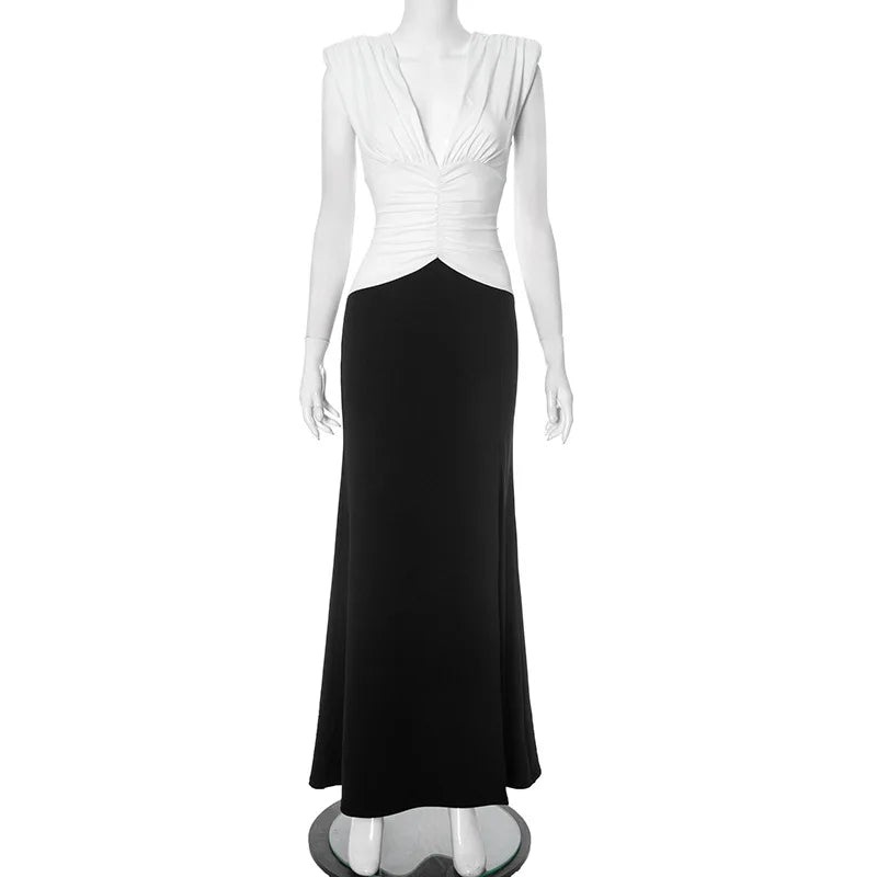 Glorol - Pleated Deep V Neck Sleeveless High Slit Maxi Dress