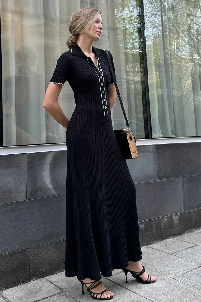 Glorol - Deep V Neck Slim Short Sleeve Knitted Bodycon Maxi Dress