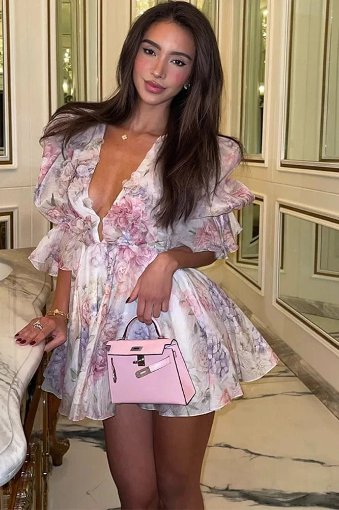 Notiglo - Elegant Hollow Out V-Neck Pleated Mini Dress