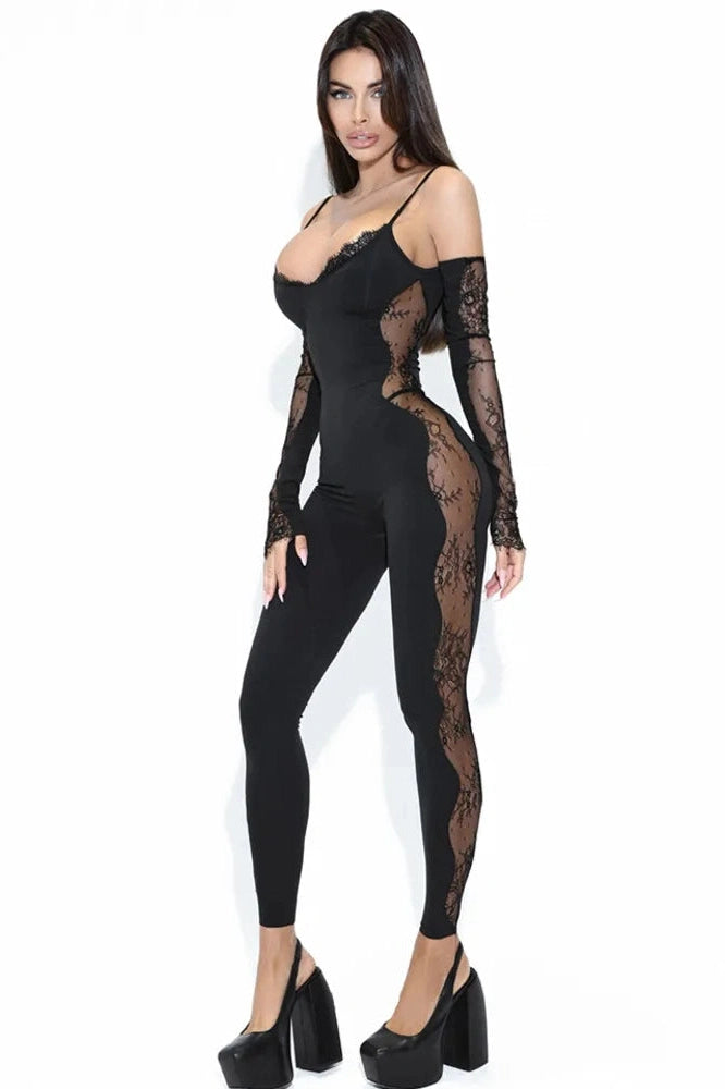 Glorol - Lace Spaghetti Strap Patchwork Bodycon Jumpsuit