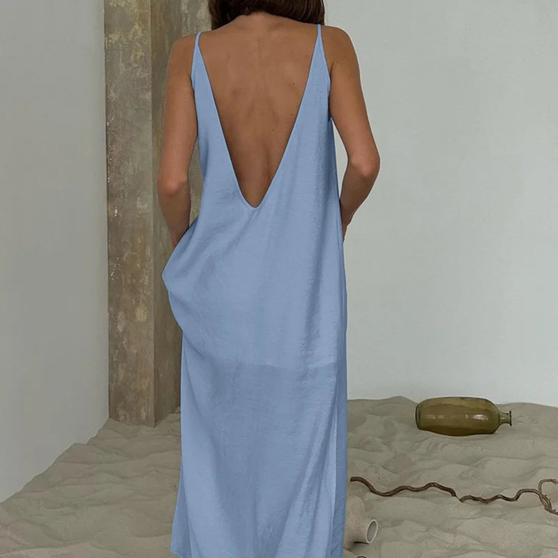 Glorol - Spaghetti Strap O Neck Sleeveless Slit Maxi Dress