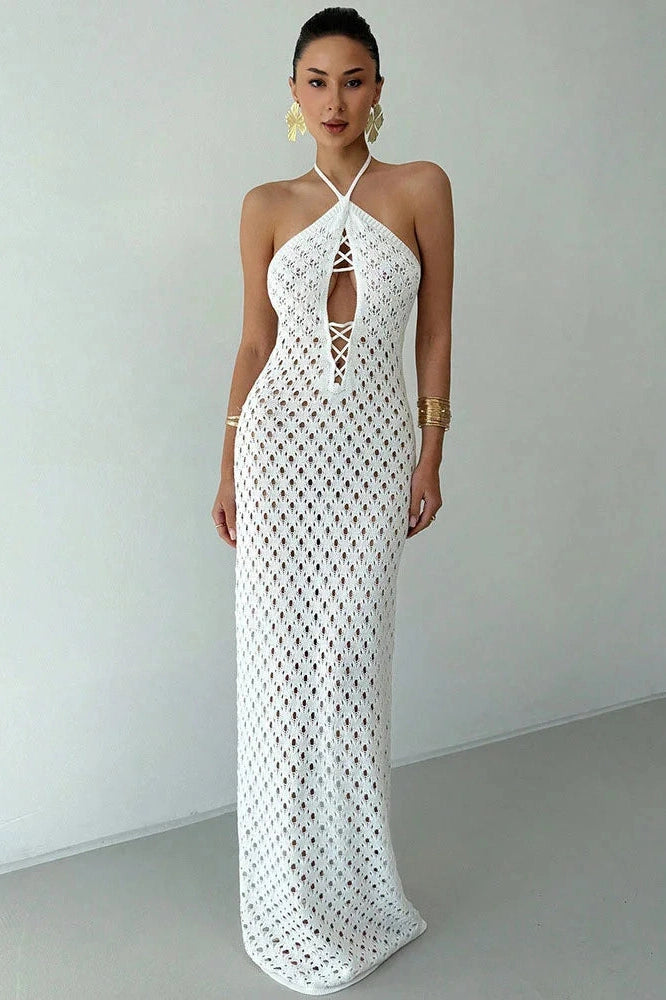 Glorol - See-Through Lace-Up Backless Loose Maxi Dress