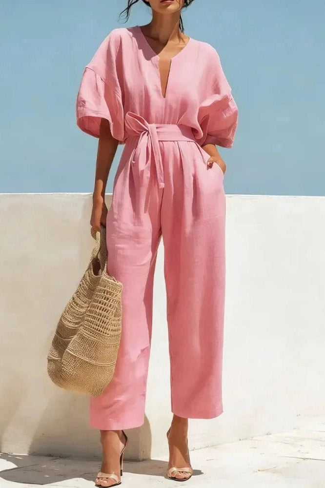 Glorol - Lace-Up Waist Cotton V-Neck Half Sleeve Jumpsuit