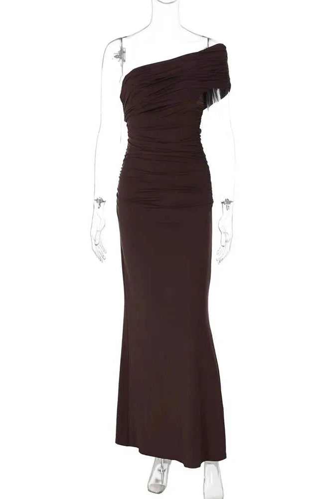 Glorol - Oblique Shoulder Split Sleeveless Slim Fit Maxi Dress
