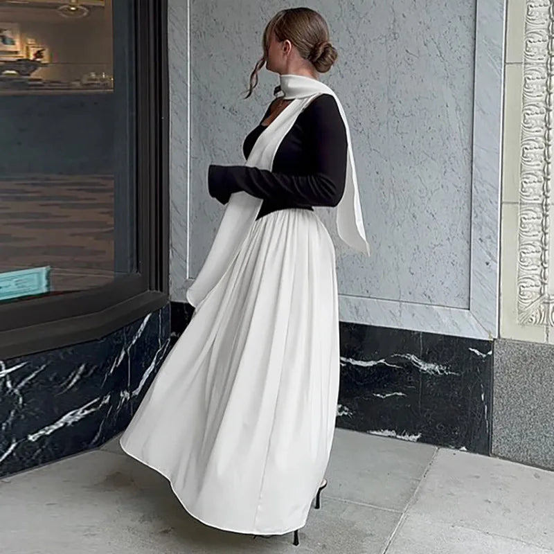 Glorol - Patchwork Scarf Ribbon Round Neck A-Line Maxi Dress