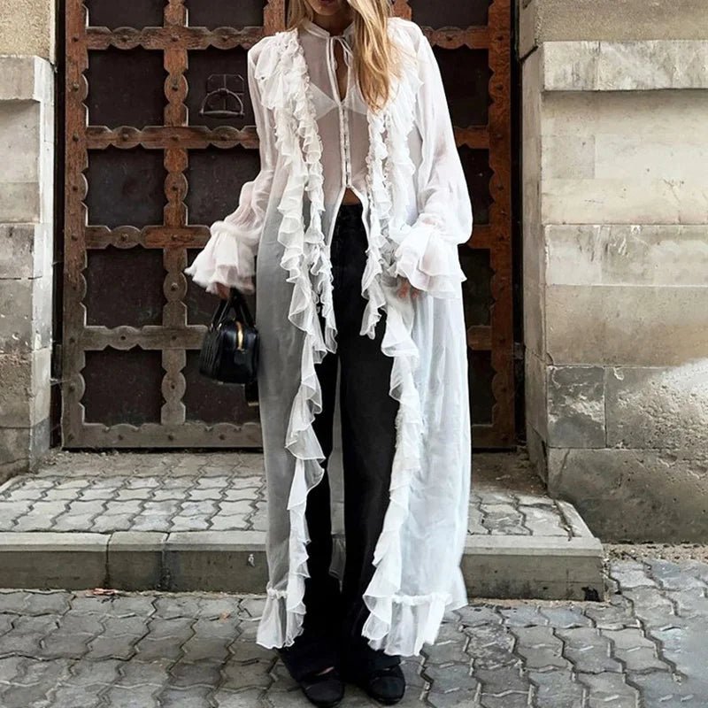 Glorol - See Through Lace Up Patchwork Maxi Dress