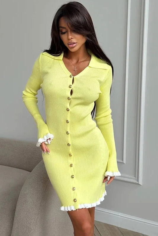 Glorol - Elegant Knitted Long Sleeve Single-Breasted Bodycon Mini Dress