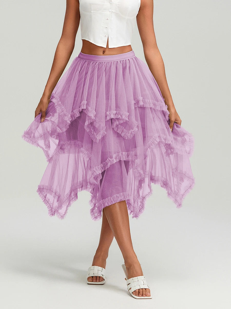 Glorol - High Waist Layered Tulle Frill Trim Skirt