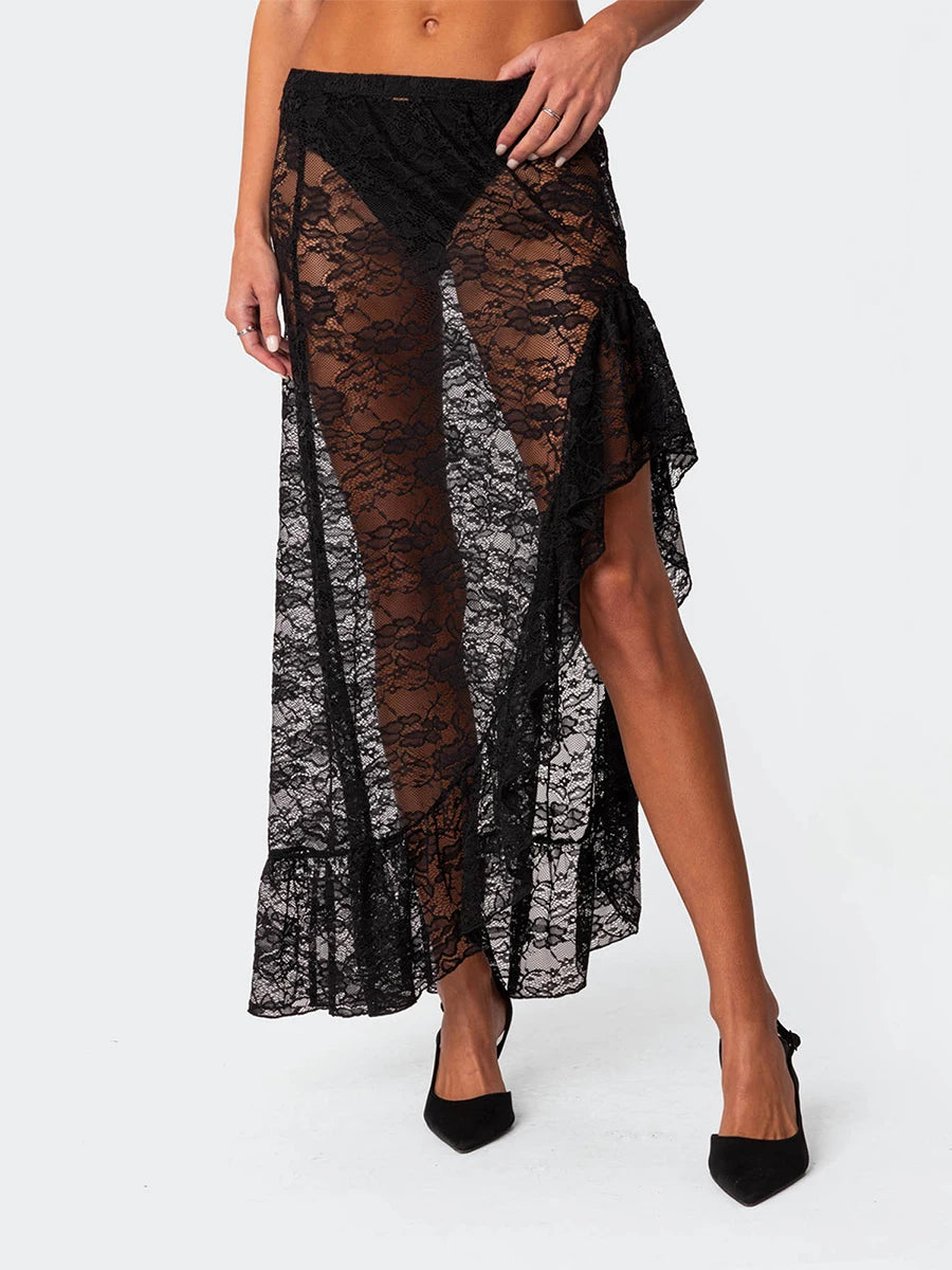 Glorol - High Waist See Through Lace Skirt