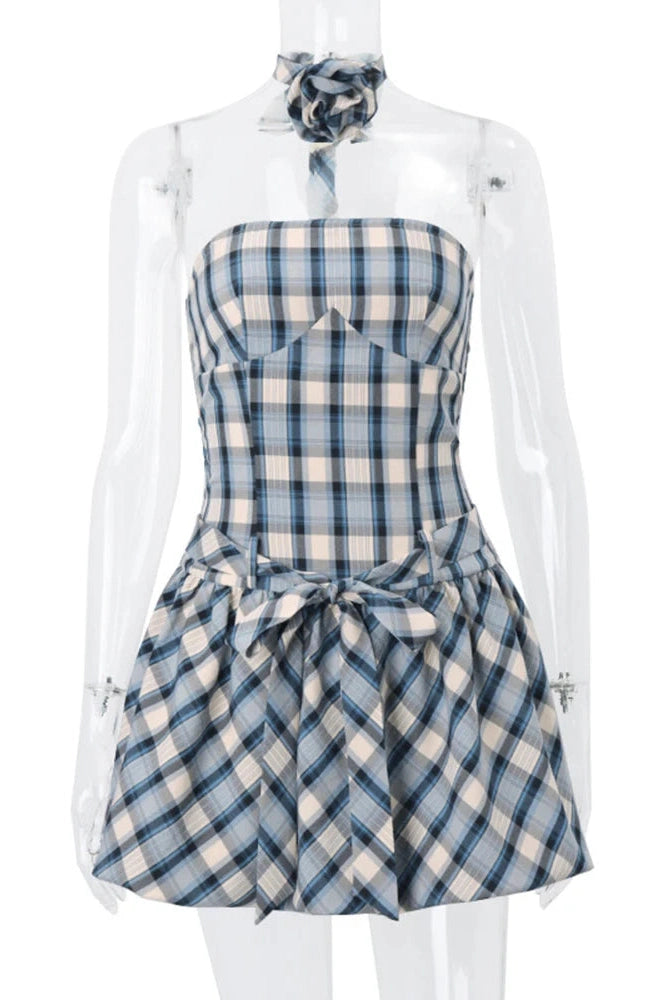 Glorol - Elegant Floral Plaid Print Straps Mini Dress