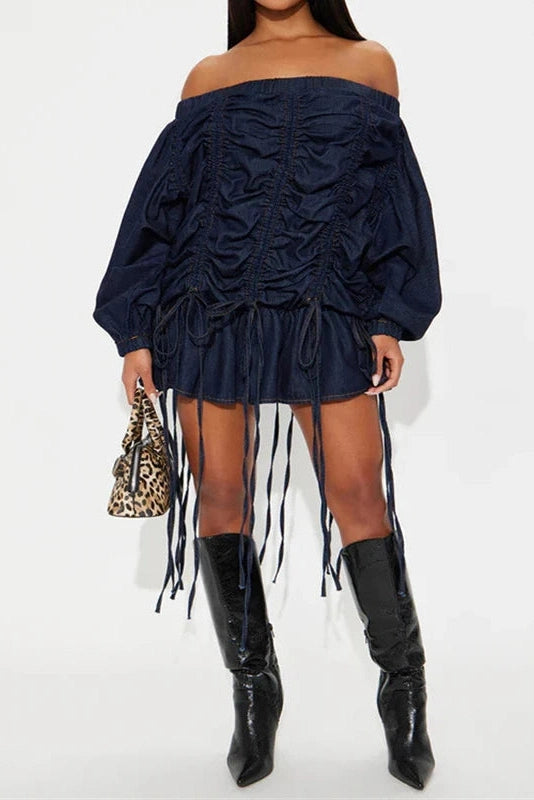 Glorol - Elegant High Waist Long Sleeve Off-Shoulder Mini Dress