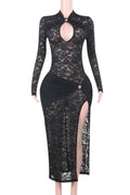 Glorol - Lace Hollow Out Long Sleeve High Split Bodycon Maxi Dress