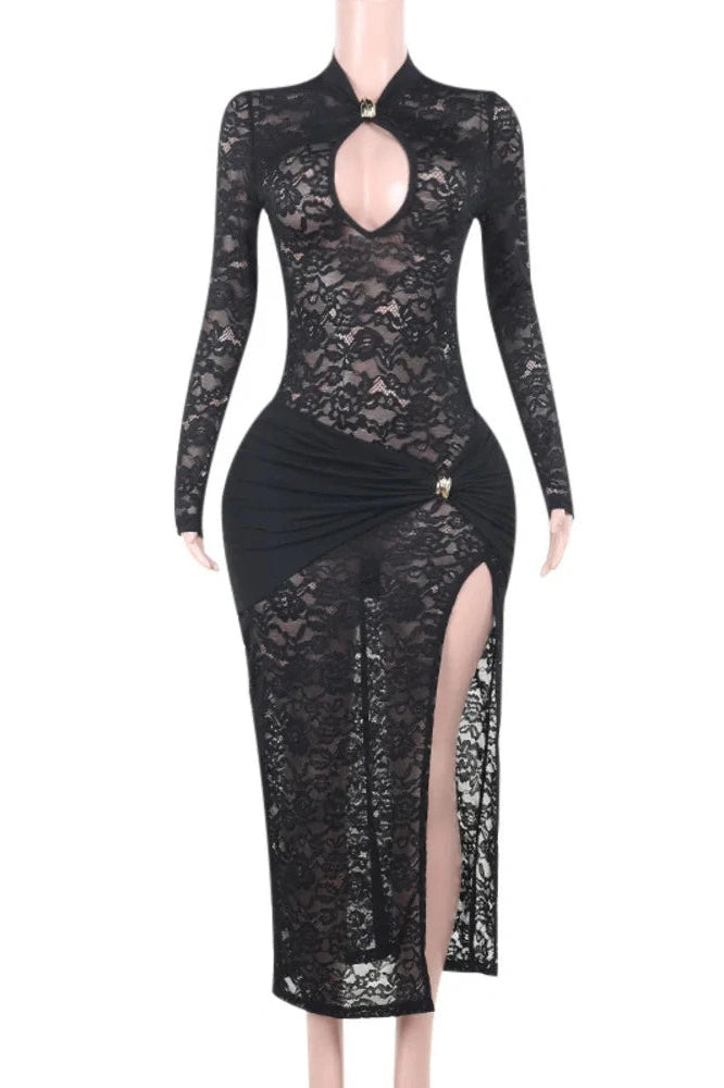 Glorol - Lace Hollow Out Long Sleeve High Split Bodycon Maxi Dress