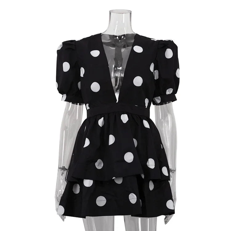 Glorol - Deep V Neck Printed Puff Sleeve  A-Line Mini Dress
