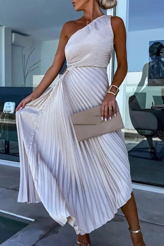 Glorol - Hollow Out One Shoulder Slim Fit Pleated Maxi Dress