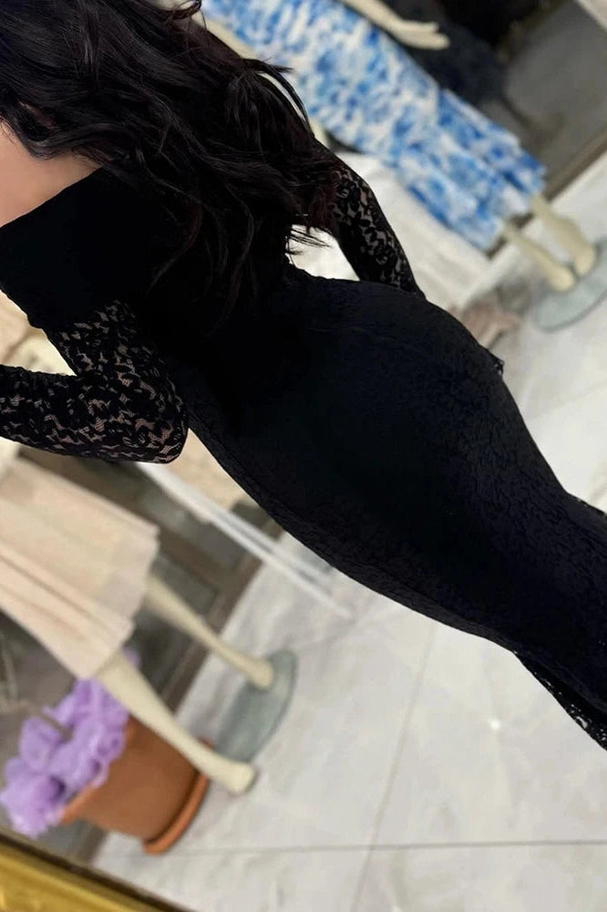 Glorol - Slash Collar Lace Embroidery High Waist Maxi Dress