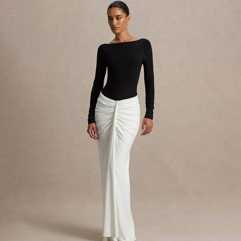 Glorol - Backless Round Neck Patchwork Long Sleeve Maxi Dress