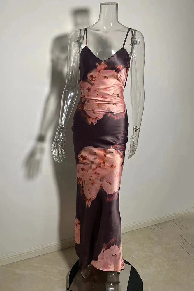 Glorol - Printed Spaghetti Strap Sleeveless Backless Bodycon Maxi Dress