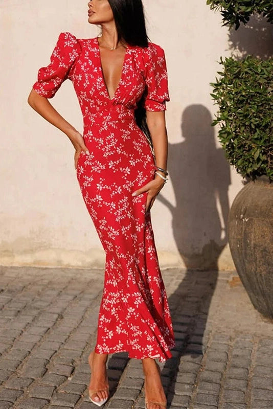 Glorol - Hollow Out Puff Sleeve Slim V-Neck Printed Pleated Maxi Dress