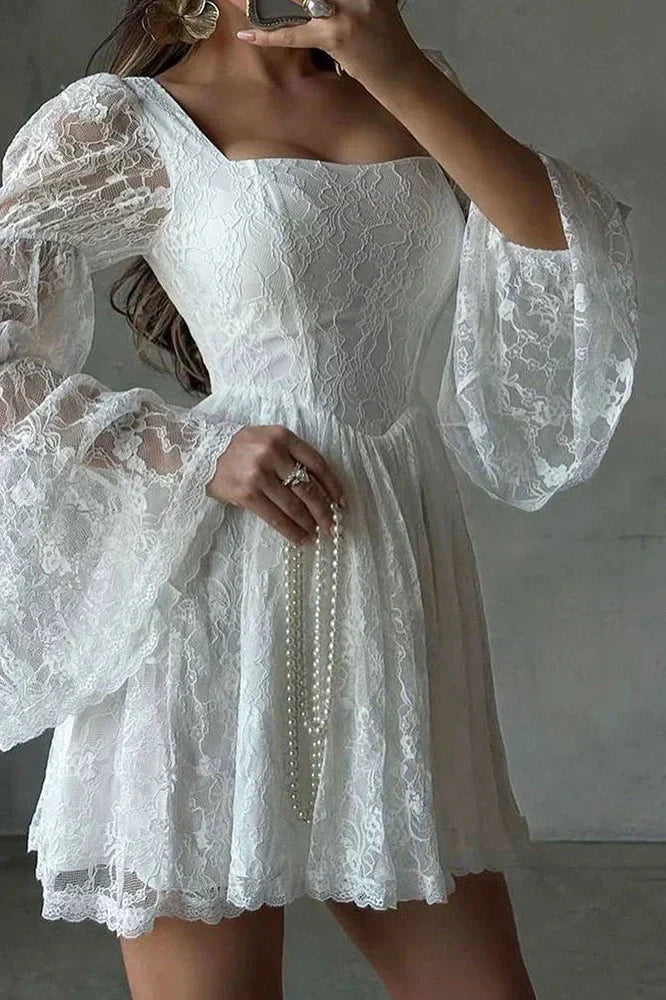 Elegant Pleated Square Collar Flare Sleeve Lace High Waist Mini Dress