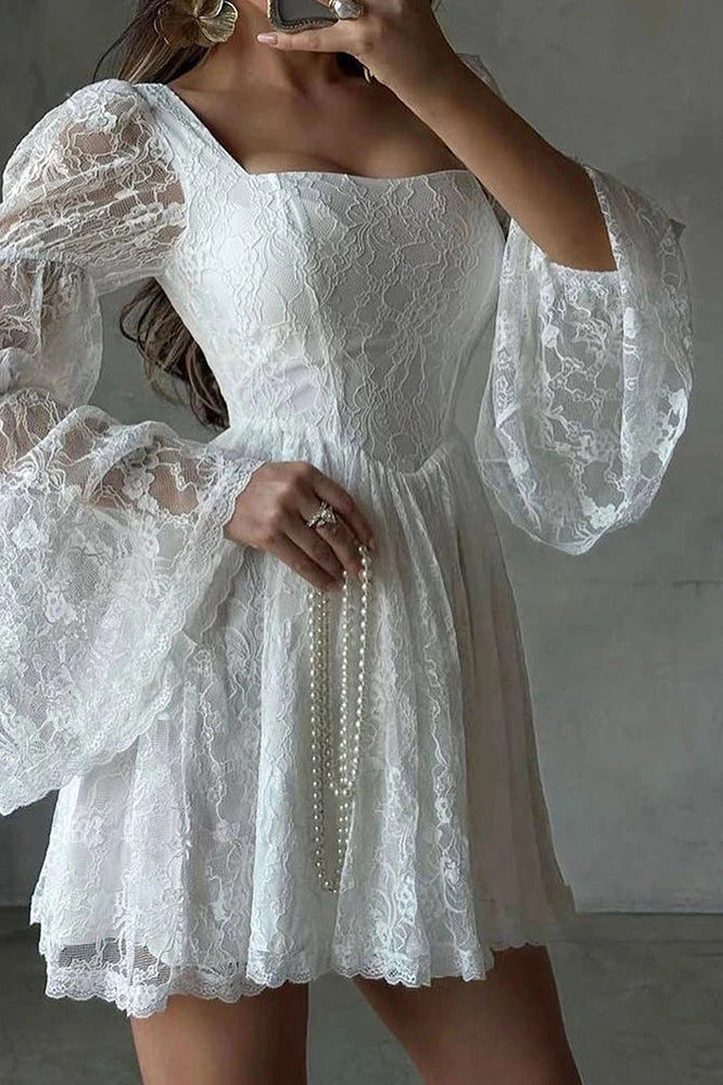 Glorol - Elegant Pleated Square Collar Flare Sleeve Lace High Waist Mini Dress