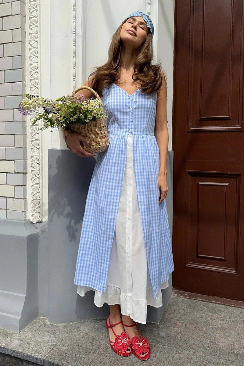 Glorol - Elegant Plaid Patchwork Two-Piece Single-Breasted Midi Dress