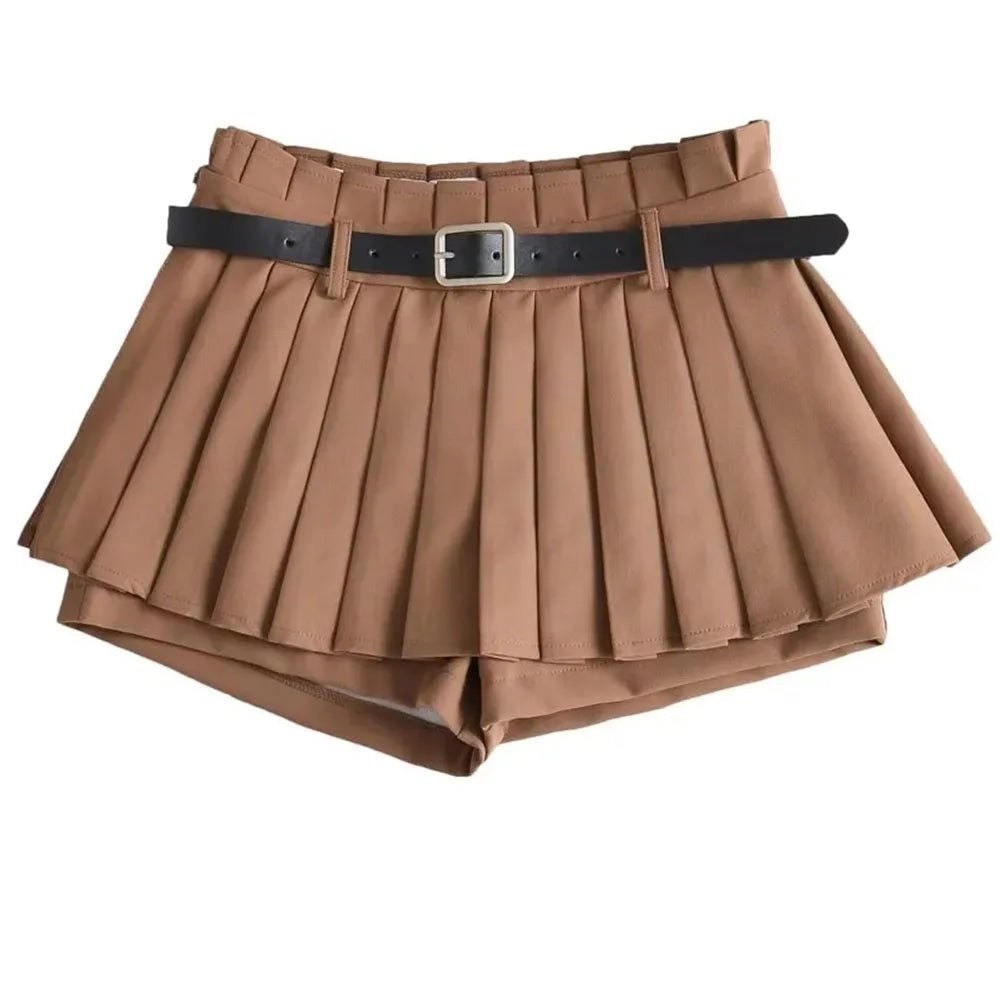 Glorol - Low Waist Pleated Belt Skirt