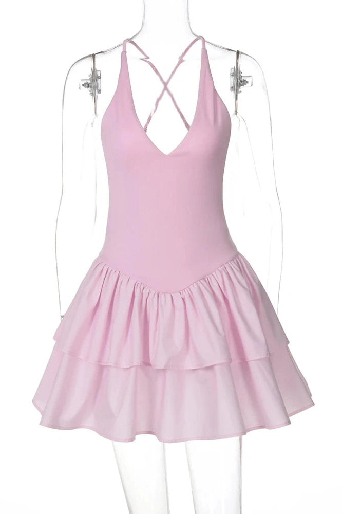 Glorol - Elegant High Waist V-Neck Backless A-Line Mini Dress