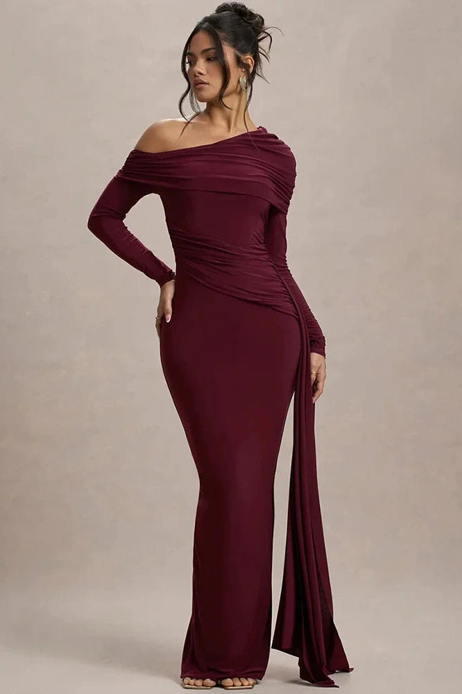 Glorol - Skew Collar Long Sleeve Backless Bodycon Maxi Dress