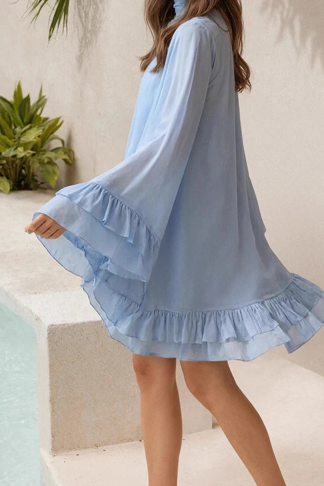 Glorol - Elegant Turtleneck Loose Sleeves Mini Dress