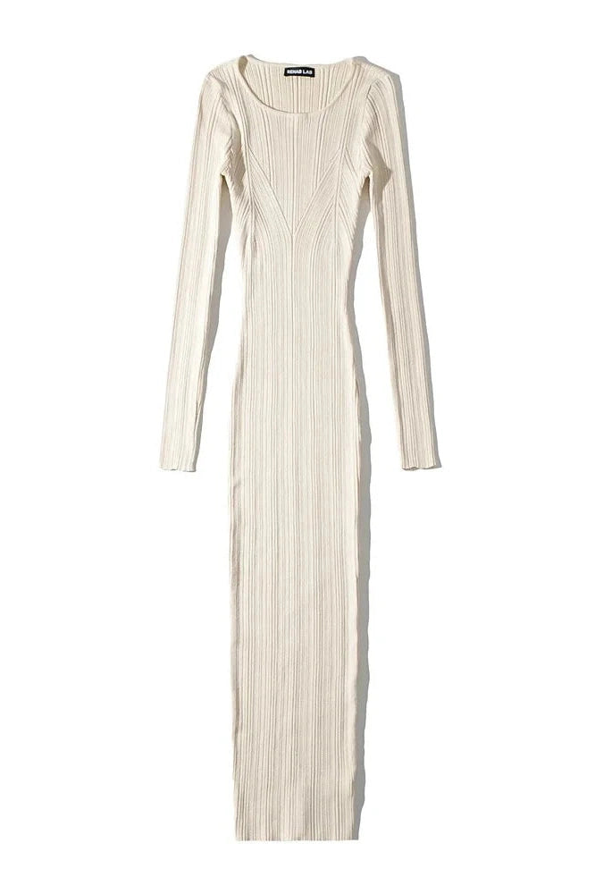 Glorol - Long Sleeve Slim High Waist Patchwork Midi Dress