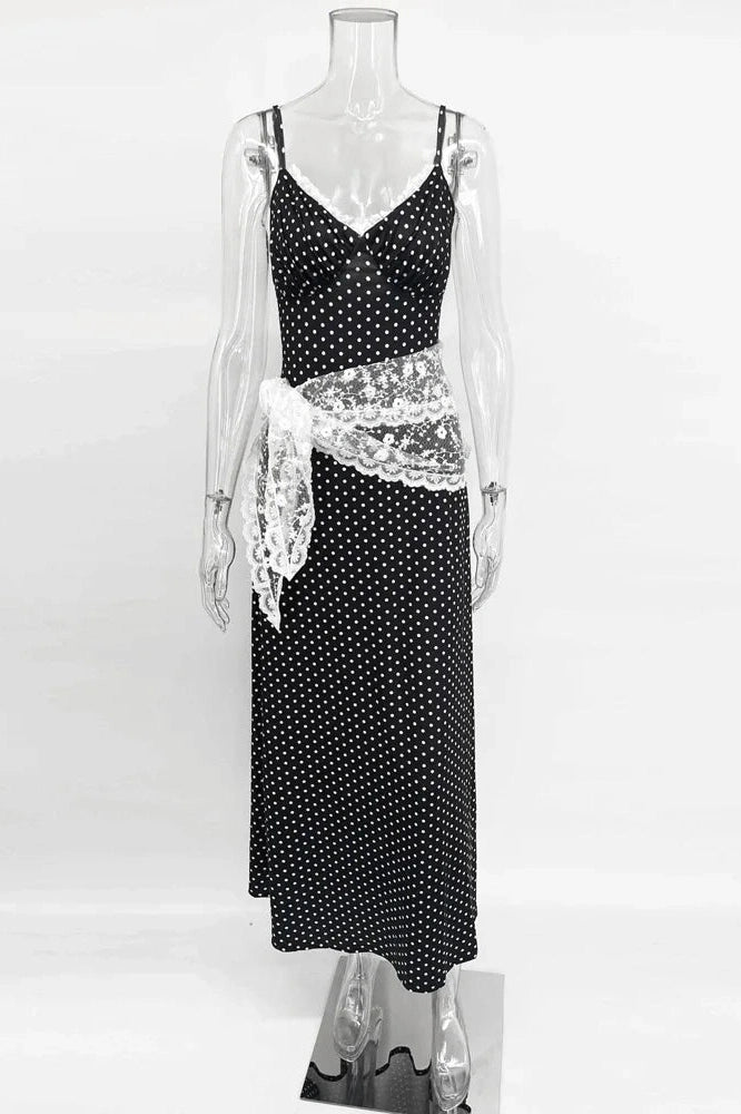Glorol - Lace Patchwork Printed Slim V-Neck Backless Maxi Dress