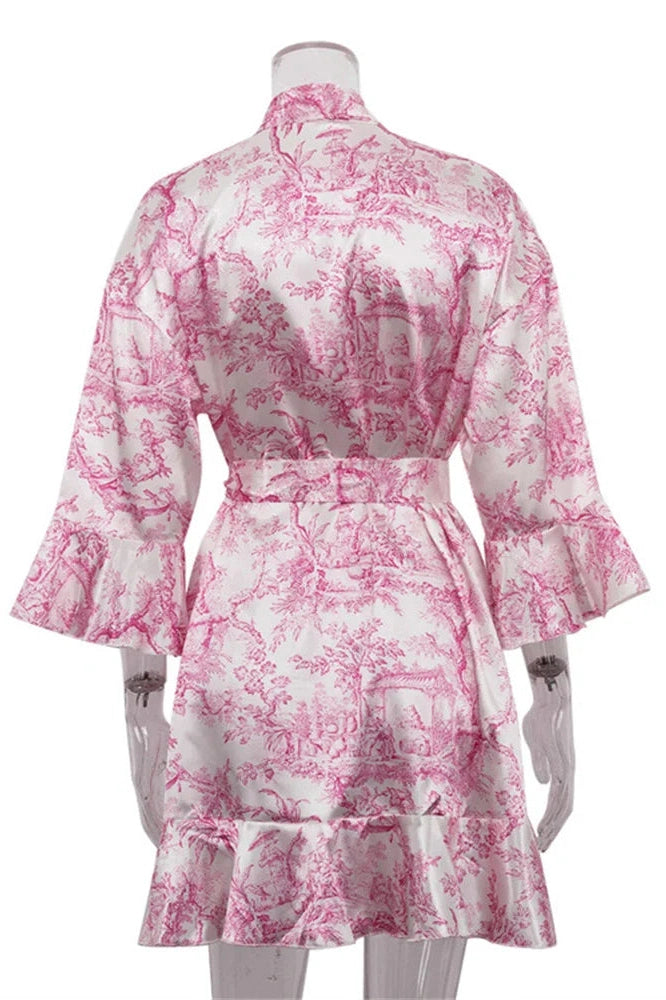 Glorol - Printed Lace-Up V-Neck Patchwork Mini Dress
