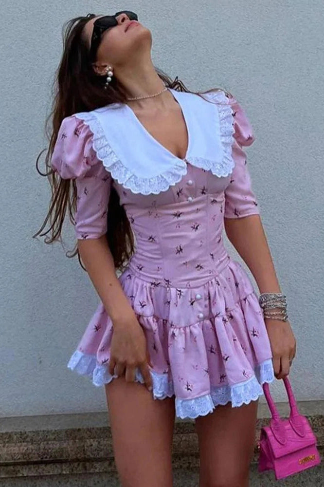 Glorol - Elegant Lace-Up Slim Lace Short Sleeve Mini Dress