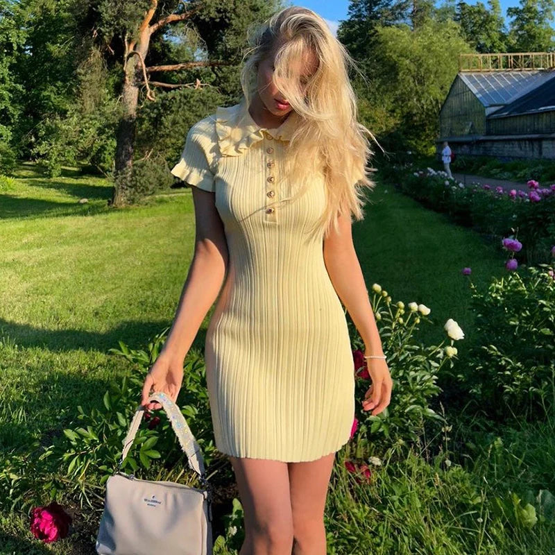 Glorol - Lapel Button High Waist Patchwork Mini Dress