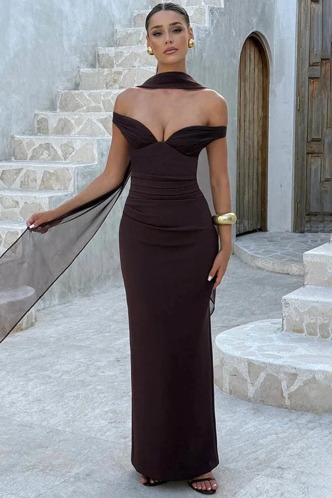 Glorol - Scarf Collar Off-Shoulder Strapless Backless Maxi Dress