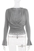 Glorol - Lace Patchwork Pleated Long Sleeve V-Neck Printed Top