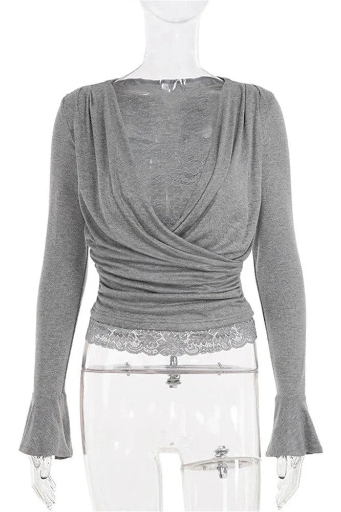 Glorol - Lace Patchwork Pleated Long Sleeve V-Neck Printed Top