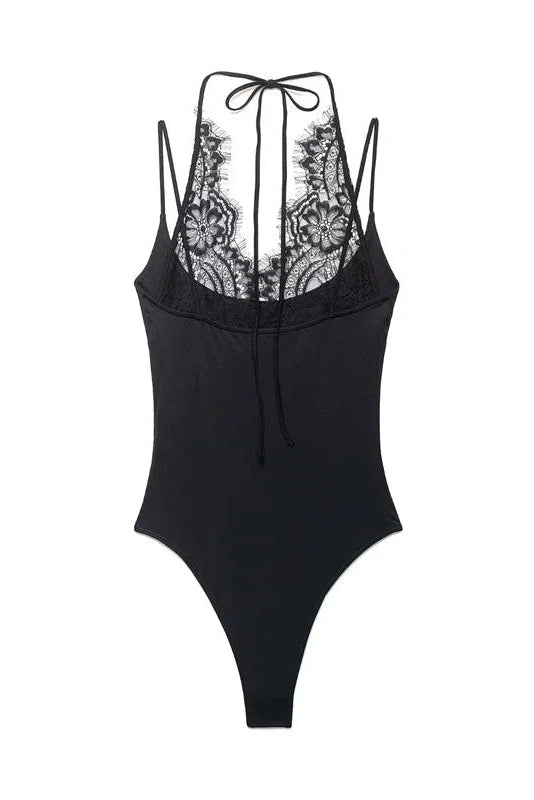 Glorol - Lace Paneled Halter Neck Lace Up Backless Jumpsuit