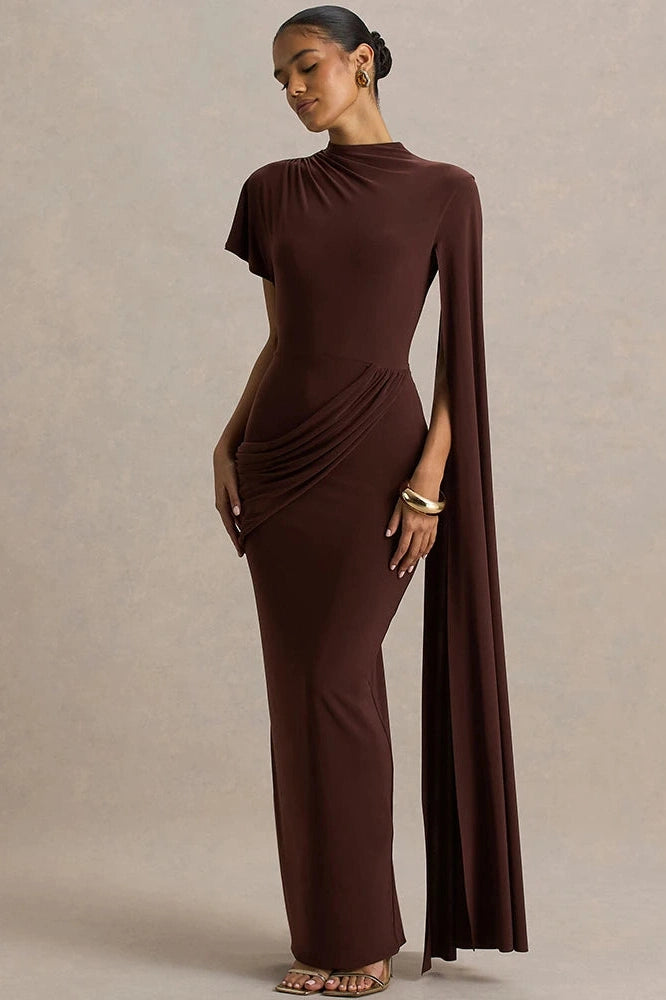 Glorol - One Cape Sleeve O Neck High Collar High Waist Maxi Dress