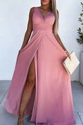 Glorol - Hollow Pleated High Split Sleeveless Slim V Neck High Waist Maxi Dress