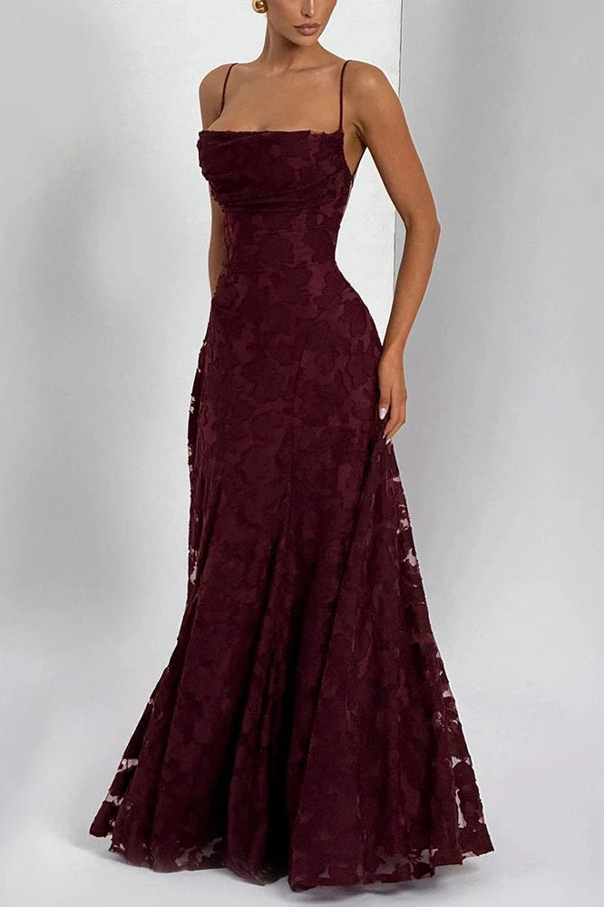Glorol - Spaghetti Strap Backless Off-Shoulder Sleeveless Lace-Up Maxi Dress