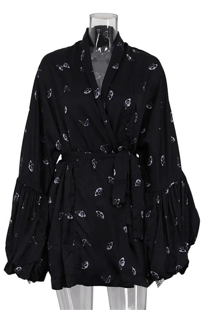 Glorol - Printed Lace-Up V-Neck Loose Long Sleeve Mini Dress