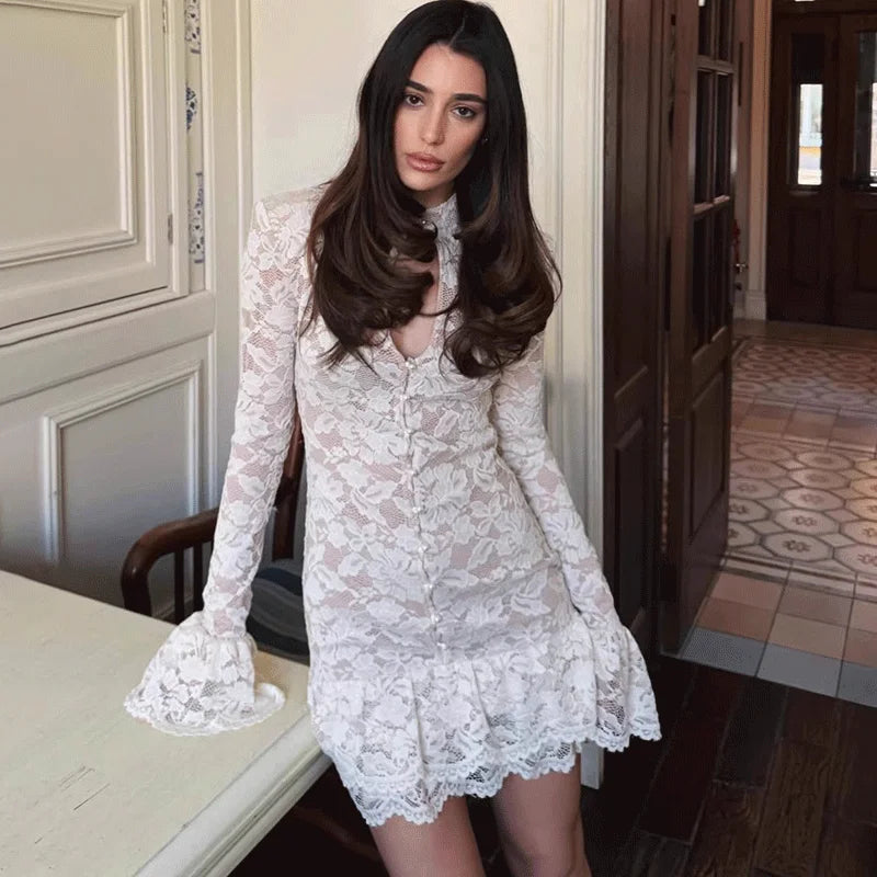 Glorol - Elegant Hollow Out Lace Patchwork Mini Dress