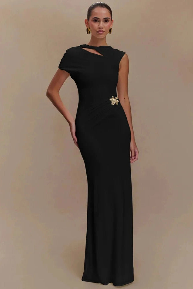 Glorol - Hollow Out Backless Short Sleeve Slim Fit Maxi Dress